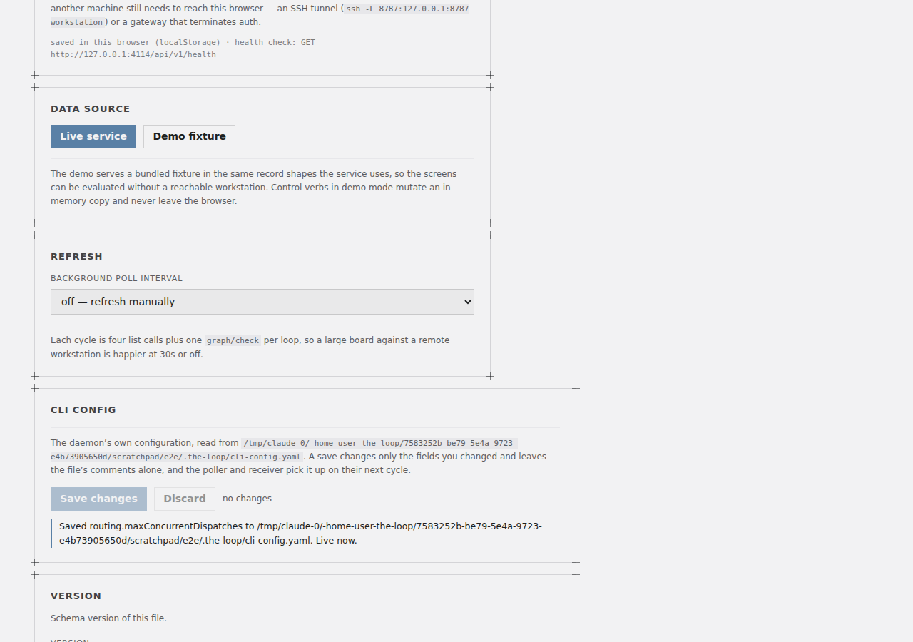 The Settings tab's CLI config editor, showing the file path, the save report and the
first schema-derived section